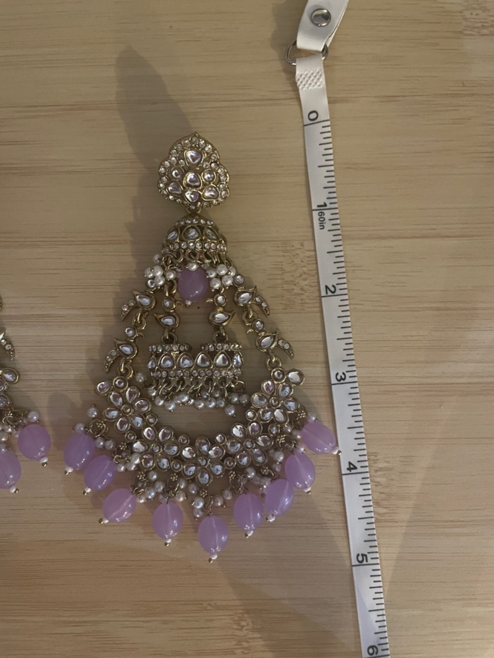 Golden Floral purple & pearl Chandbali Earrings - Picture 3 of 4